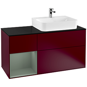 Villeroy und Boch Finion Waschtischunterschrank G142GMHB 120cm, Abdeckplatte black matt, Emotion, Regal links Olive Matt Lacquer, Peony Matt