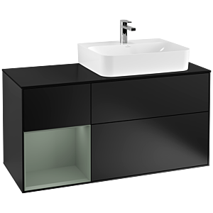 Villeroy und Boch Finion Waschtischunterschrank G142GMPD 120cm, Abdeckplatte black matt, Emotion, Regal links Olive Matt Lacquer, Black matt lacquer