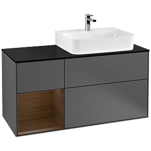 Villeroy und Boch Finion Waschtischunterschrank G142GNGK 120cm, Abdeckplatte black matt, Emotion, Regal links Walnut veneer, Anthracite matt
