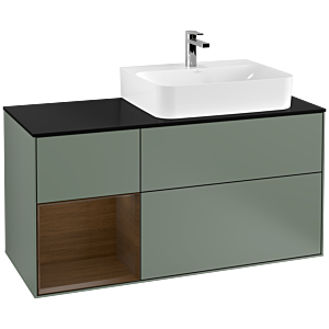 Villeroy und Boch Finion Waschtischunterschrank G142GNGM 120cm, Abdeckplatte black matt, Emotion, Regal links Walnut veneer, Olive Matt Lacquer