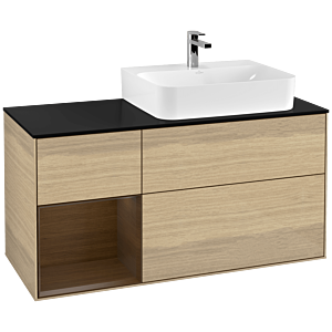 Villeroy und Boch Finion Waschtischunterschrank G142GNPC 120cm, Abdeckplatte black matt, Emotion, Regal links Walnut veneer, Oak Veneer
