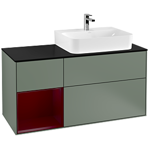 Villeroy und Boch Finion Waschtischunterschrank G142HBGM 120cm, Abdeckplatte black matt, Emotion, Regal links Peony, Olive Matt Lacquer