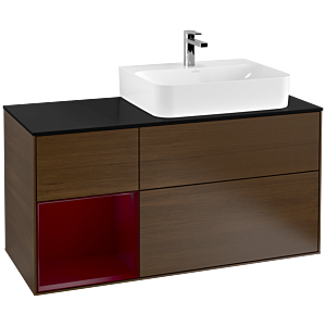 Villeroy und Boch Finion Waschtischunterschrank G142HBGN 120cm, Abdeckplatte black matt, Emotion, Regal links Peony, Walnut veneer