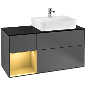 Villeroy und Boch Finion Waschtischunterschrank G142HFGK 120cm, Abdeckplatte black matt, Emotion, Regal links Gold matt, Anthracite matt