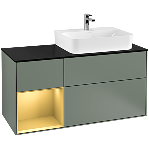 Villeroy und Boch Finion Waschtischunterschrank G142HFGM 120cm, Abdeckplatte black matt, Emotion, Regal links Gold matt, Olive Matt Lacquer