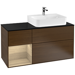 Villeroy und Boch Finion Waschtischunterschrank G142PCGN 120cm, Abdeckplatte black matt, Emotion, Regal links Oak Veneer, Walnut veneer