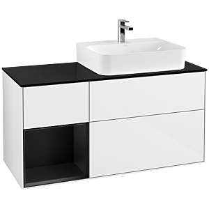 Villeroy und Boch Finion Waschtischunterschrank G142PDGF 120cm, Abdeckplatte black matt, Emotion, Regal links Black matt lacquer, Glossy white lacquer