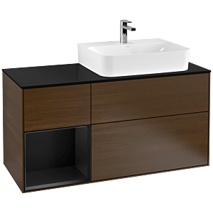 Villeroy und Boch Finion Waschtischunterschrank G142PDGN 120cm, Abdeckplatte black matt, Emotion, Regal links Black matt lacquer, Walnut veneer