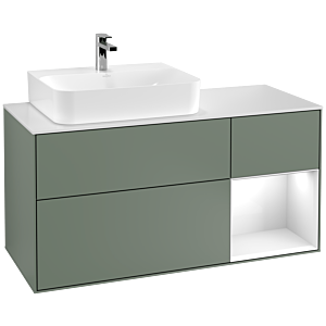 Villeroy et Boch Finion Villeroy et Boch G151GFGM 120cm, plaque de finition blanc mat, Emotion, étagère gauche laqué blanc brillant, Olive Matt Lacquer