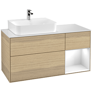 Villeroy et Boch Finion Villeroy et Boch G151GFPC 120cm, plaque de finition blanc mat, Emotion, étagère gauche laqué blanc brillant, Oak Veneer