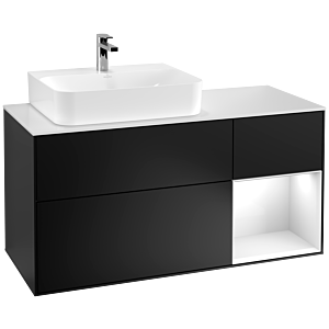 Villeroy et Boch Finion Villeroy et Boch G151GFPD 120cm, plaque de recouvrement blanc mat, Emotion, étagère gauche laqué blanc brillant, laqué noir mat
