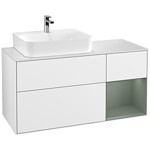 Villeroy und Boch Finion Waschtischunterschrank G151GMGF 120cm, Abdeckplatte white matt, Emotion, Regal links Olive Matt Lacquer, Glossy white lacquer