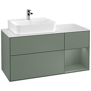 Villeroy und Boch Finion Waschtischunterschrank G151GMGM 120cm, Abdeckplatte white matt, Emotion, Regal links Olive Matt Lacquer, Olive Matt Lacquer