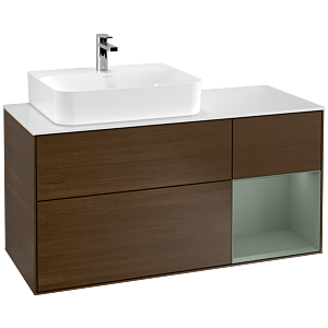 Villeroy und Boch Finion Waschtischunterschrank G151GMGN 120cm, Abdeckplatte white matt, Emotion, Regal links Olive Matt Lacquer, Walnut veneer