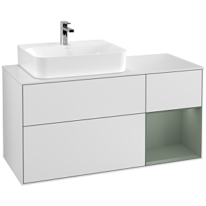 Villeroy und Boch Finion Waschtischunterschrank G151GMMT 120cm, Abdeckplatte white matt, Emotion, Regal links Olive Matt Lacquer, White matt lacquer
