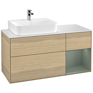 Villeroy und Boch Finion Waschtischunterschrank G151GMPC 120cm, Abdeckplatte white matt, Emotion, Regal links Olive Matt Lacquer, Oak Veneer