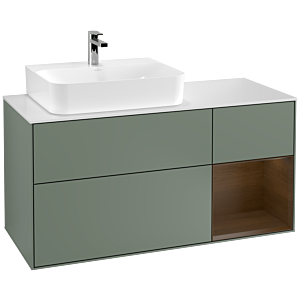 Villeroy und Boch Finion Waschtischunterschrank G151GNGM 120cm, Abdeckplatte white matt, Emotion, Regal links Walnut veneer, Olive Matt Lacquer