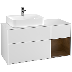 Villeroy und Boch Finion Waschtischunterschrank G151GNMT 120cm, Abdeckplatte white matt, Emotion, Regal links Walnut veneer, White matt lacquer