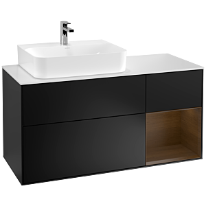 Villeroy und Boch Finion Waschtischunterschrank G151GNPD 120cm, Abdeckplatte white matt, Emotion, Regal links Walnut veneer, Black matt lacquer