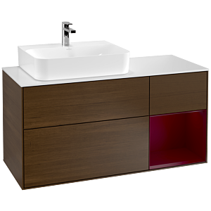 Villeroy und Boch Finion Waschtischunterschrank G151HBGN 120cm, Abdeckplatte white matt, Emotion, Regal links Peony, Walnut veneer