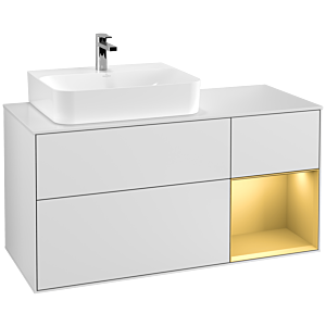Villeroy und Boch Finion Waschtischunterschrank G151HFMT 120cm, Abdeckplatte white matt, Emotion, Regal links Gold matt, White matt lacquer