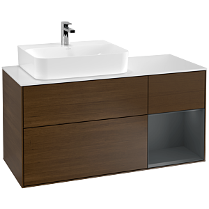 Villeroy und Boch Finion Waschtischunterschrank G151HGGN 120cm, Abdeckplatte white matt, Emotion, Regal links Midnight Blue Matt Lacquer, Walnut veneer