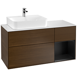 Villeroy und Boch Finion Waschtischunterschrank G151PDGN 120cm, Abdeckplatte white matt, Emotion, Regal links Black matt lacquer, Walnut veneer