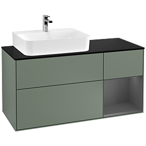 Villeroy und Boch Finion Waschtischunterschrank G152GKGM 120cm, Abdeckplatte black matt, Emotion, Regal links Anthracite matt, Olive Matt Lacquer
