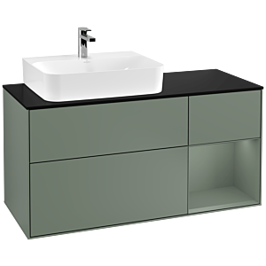 Villeroy und Boch Finion Waschtischunterschrank G152GMGM 120cm, Abdeckplatte black matt, Emotion, Regal links Olive Matt Lacquer, Olive Matt Lacquer