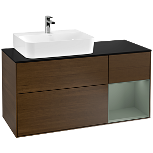 Villeroy und Boch Finion Waschtischunterschrank G152GMGN 120cm, Abdeckplatte black matt, Emotion, Regal links Olive Matt Lacquer, Walnut veneer