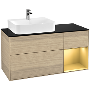Villeroy und Boch Finion Waschtischunterschrank G152HFPC 120cm, Abdeckplatte black matt, Emotion, Regal links Gold matt, Oak Veneer