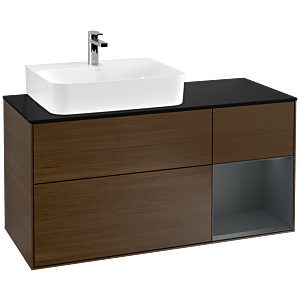 Villeroy und Boch Finion Waschtischunterschrank G152HGGN 120cm, Abdeckplatte black matt, Emotion, Regal links Midnight Blue Matt Lacquer, Walnut veneer