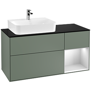 Villeroy und Boch Finion Waschtischunterschrank G152MTGM 120cm, Abdeckplatte black matt, Emotion, Regal links White matt lacquer, Olive Matt Lacquer