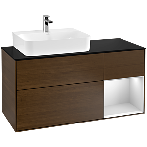 Villeroy und Boch Finion Waschtischunterschrank G152MTGN 120cm, Abdeckplatte black matt, Emotion, Regal links White matt lacquer, Walnut veneer