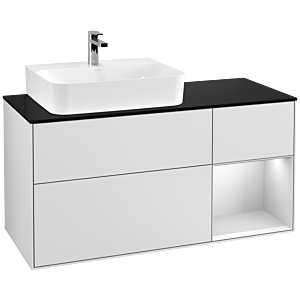 Villeroy und Boch Finion Waschtischunterschrank G152MTMT 120cm, Abdeckplatte black matt, Emotion, Regal links White matt lacquer, White matt lacquer
