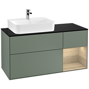 Villeroy und Boch Finion Waschtischunterschrank G152PCGM 120cm, Abdeckplatte black matt, Emotion, Regal links Oak Veneer, Olive Matt Lacquer