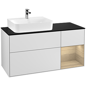 Villeroy und Boch Finion Waschtischunterschrank G152PCMT 120cm, Abdeckplatte black matt, Emotion, Regal links Oak Veneer, White matt lacquer