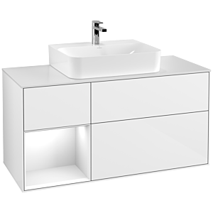 Villeroy et Boch Finion Villeroy et Boch G161GFGF 120cm, plaque de recouvrement blanc mat, Emotion, étagère gauche laqué blanc brillant, laqué blanc brillant