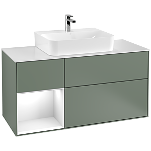 Villeroy und Boch Finion Waschtischunterschrank G161GFGM 120cm, Abdeckplatte white matt, Emotion, Regal links Glossy white lacquer, Olive Matt Lacquer
