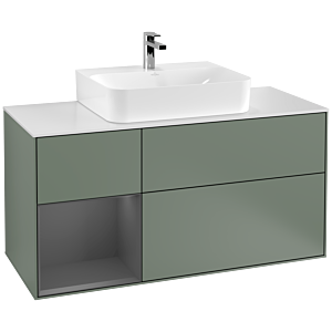 Villeroy und Boch Finion Waschtischunterschrank G161GKGM 120cm, Abdeckplatte white matt, Emotion, Regal links Anthracite matt, Olive Matt Lacquer