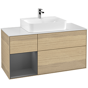 Villeroy und Boch Finion Waschtischunterschrank G161GKPC 120cm, Abdeckplatte white matt, Emotion, Regal links Anthracite matt, Oak Veneer