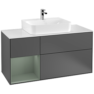 Villeroy und Boch Finion Waschtischunterschrank G161GMGK 120cm, Abdeckplatte white matt, Emotion, Regal links Olive Matt Lacquer, Anthracite matt