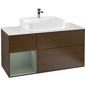 Villeroy und Boch Finion Waschtischunterschrank G161GMGN 120cm, Abdeckplatte white matt, Emotion, Regal links Olive Matt Lacquer, Walnut veneer