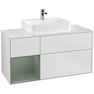 Villeroy und Boch Finion Waschtischunterschrank G161GMMT 120cm, Abdeckplatte white matt, Emotion, Regal links Olive Matt Lacquer, White matt lacquer