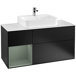Villeroy und Boch Finion Waschtischunterschrank G161GMPD 120cm, Abdeckplatte white matt, Emotion, Regal links Olive Matt Lacquer, Black matt lacquer