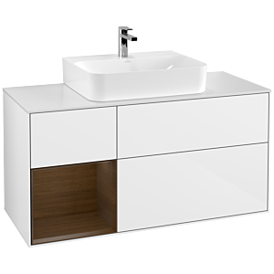 Villeroy und Boch Finion Waschtischunterschrank G161GNGF 120cm, Abdeckplatte white matt, Emotion, Regal links Walnut veneer, Glossy white lacquer