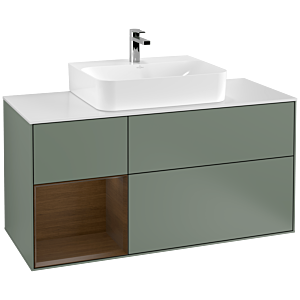 Villeroy und Boch Finion Waschtischunterschrank G161GNGM 120cm, Abdeckplatte white matt, Emotion, Regal links Walnut veneer, Olive Matt Lacquer