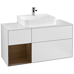 Villeroy und Boch Finion Waschtischunterschrank G161GNMT 120cm, Abdeckplatte white matt, Emotion, Regal links Walnut veneer, White matt lacquer