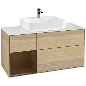 Villeroy und Boch Finion Waschtischunterschrank G161GNPC 120cm, Abdeckplatte white matt, Emotion, Regal links Walnut veneer, Oak Veneer