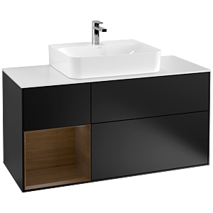 Villeroy und Boch Finion Waschtischunterschrank G161GNPD 120cm, Abdeckplatte white matt, Emotion, Regal links Walnut veneer, Black matt lacquer